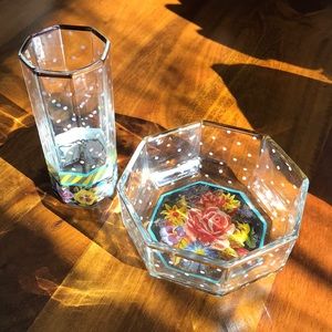 MacKenzie Childs glass dish and tall cup.